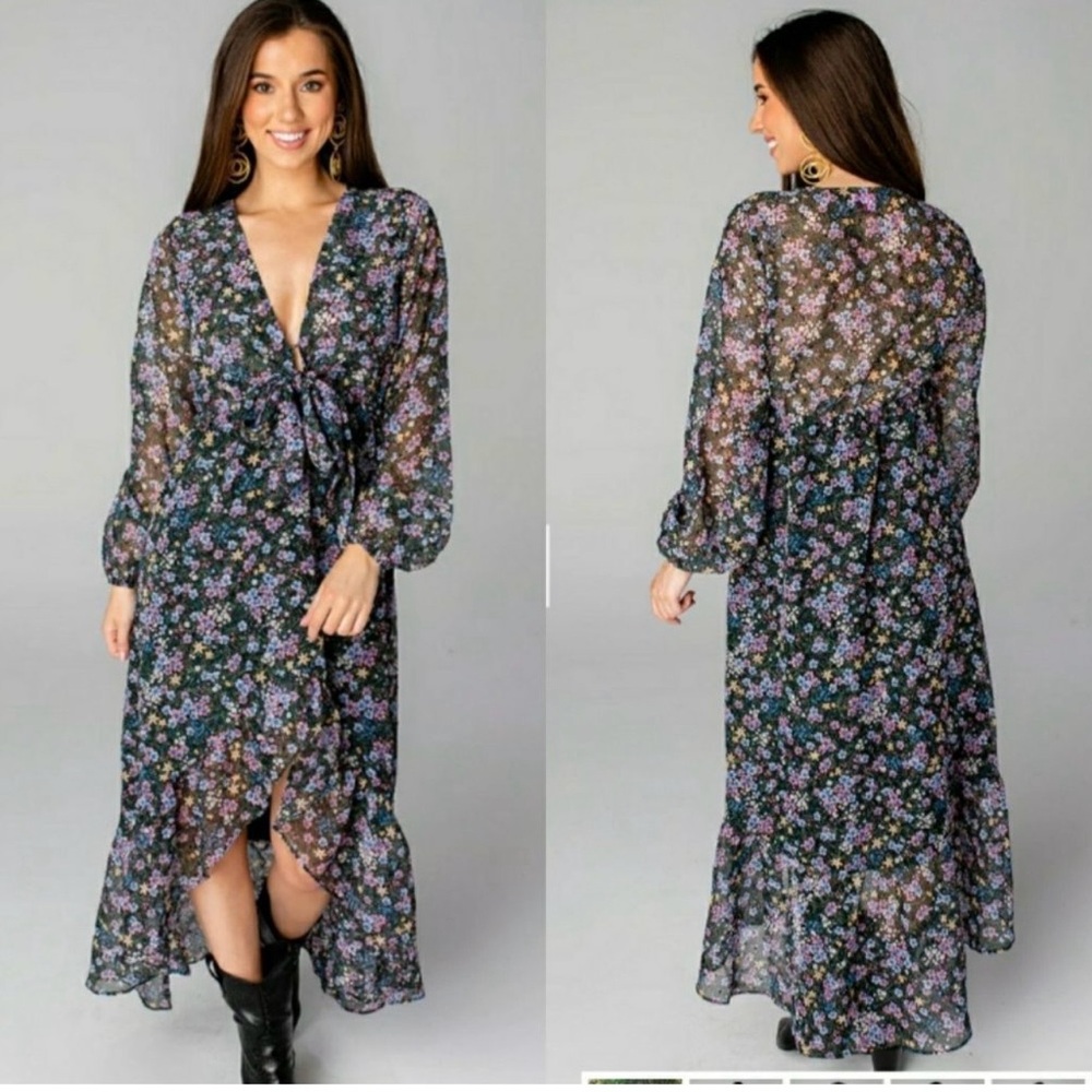 Buddy Love Aisha High-Low Chiffon V-Neck Tie Ruffle Dress